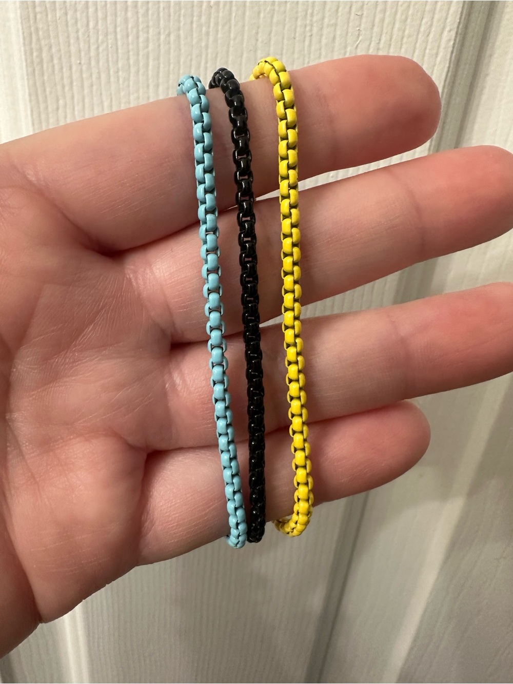 Set of 3 Enamel Bracelets Blue Black Yellow Sterling Silver Clasps 7.5”